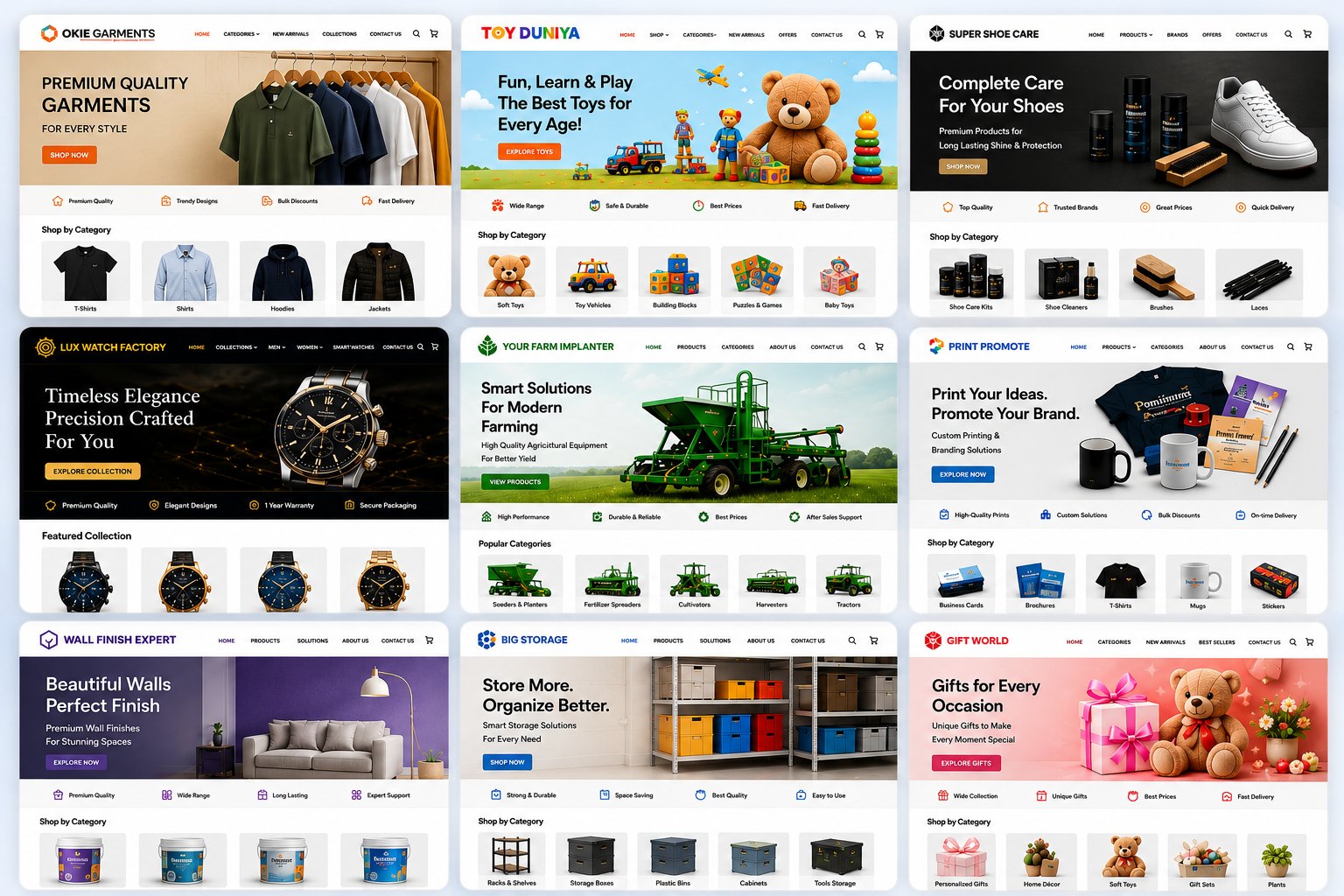 Grid of live storefront templates built on the platform